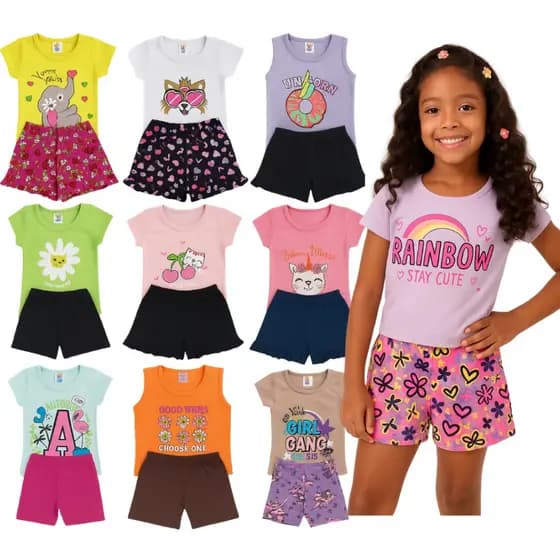 Kit 4 Peças Roupas Infantil Menina Sortido 2 Camisetas + 2 Bermudas - Conjuntos Meninas Infantil Verão Tamanho 1 ao 14