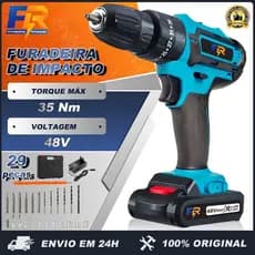 Parafusadeira Furadeira Impacto 48V 2Baterias 3 funções Kit de 29PCS