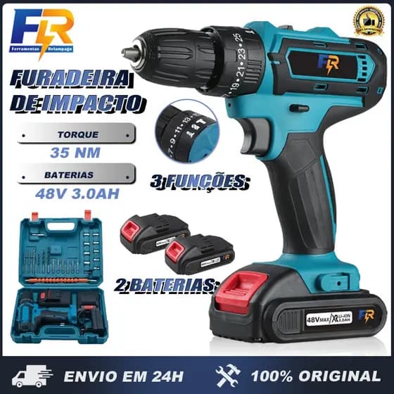 Furadeira de Impacto Parafusadeira de Elétrica Sem Fio 48V/12V 2Baterias 3 funções Kit de 29PCS