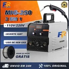 Máquina de Solda Inversora MIG 250 Sem Gás 3 em 1 MMA TIG Portátil (110V ou 220V)