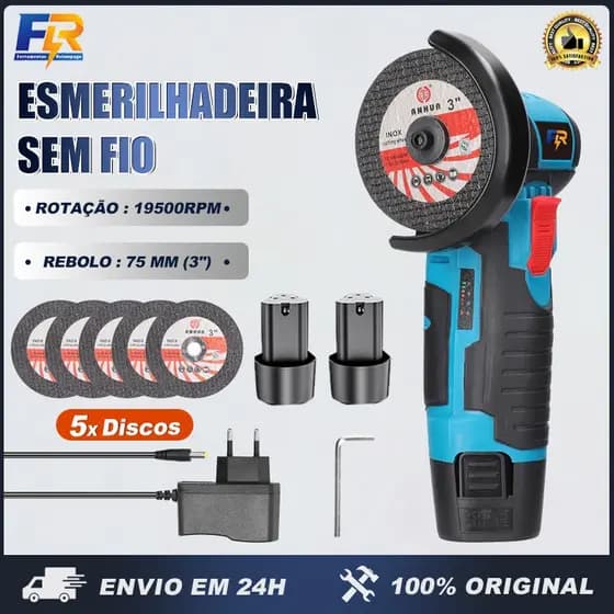 Mini Esmerilhadeira Lixadeira Elétrica Sem Fio 2 Baterias 12V com 5 Discos