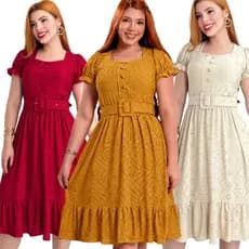 Vestido Feminino Midi Moda Evangélica Manga Princesa Confortável Na malha Laise Com Cinto Ajustável