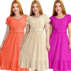 Vestido Feminino Midi Manga Princesa + Cinto Tecido leise C/ Forro