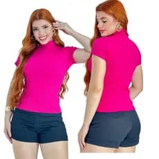 Blusa Feminina Baby Look Ribana Canelada Algodão C/ Elastano Na Cor Rosa