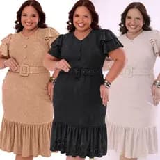 Vestido Feminino Midi Plus Size Laise com Babados e Cinto Ajustável - Elegante e Atemporal