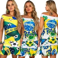 Vestido Torcedora Brasil Curto  Babado Casual Festa Jogo Futebol Feminino Moda Copa