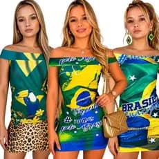 Vestido Tubinho Brasil Curto Ombro a Ombro Estampado Moda Feminina