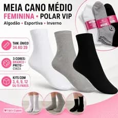 Kit Meia Feminina Cano Médio Algodão Esportiva Inverno 34 ao 39 Polar Vip