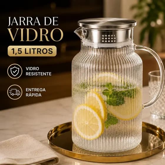 ✨ Jarra Vidro Borossilicato 1,5L Graffiato Canelada 🍋 Tampa Inox Hermética | Resistente Premium | Envio Rápido 🚚