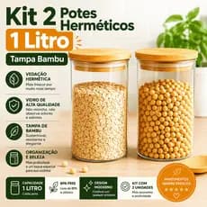 🌿 Kit 2 Potes de Vidro Hermético 1000ml c/ Tampa Bambu 🏡 Porta Mantimentos Alimentos Premium ✨