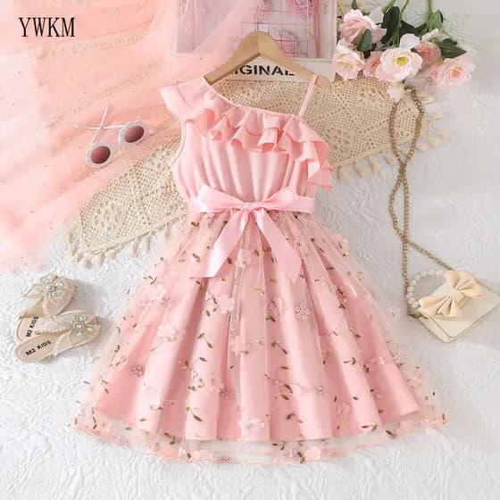 Vestido de Menina Bebê Crianças 8-12 Anos Moda Verão Sem Mangas Ombro Vazado Babados Bordado Floral Tule Vestidos de Pri