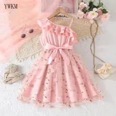 Vestido de Menina Bebê Crianças 8-12 Anos Moda Verão Sem Mangas Ombro Vazado Babados Bordado Floral Tule Vestidos de Pri