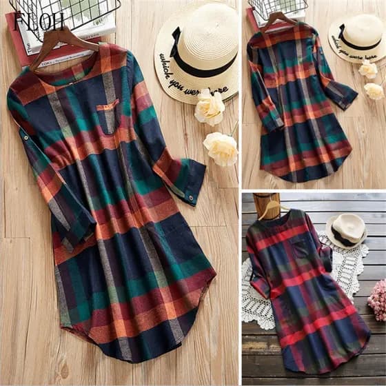 Camisa/Vestido Feminino Vintage Plus Size Solto Xadrez de Manga Longa FXSW