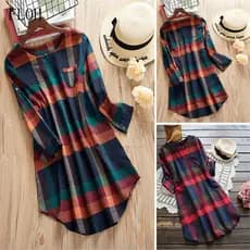 Camisa/Vestido Feminino Vintage Plus Size Solto Xadrez de Manga Longa FXSW