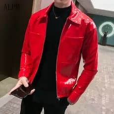 Nova Chegada Jaqueta de Couro Masculina Estilo Motociclista com Gola, Casaco de Couro Brilhante, Jaqueta Casual Fashion