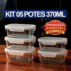 Kit 5 Potes Vidro Hermético 370ml Organizador Premium Marmita Fitness Vidro Tampa Alta Temperatura