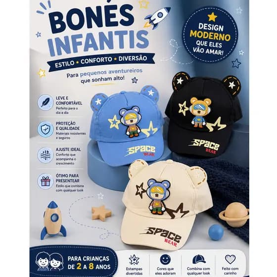 Boné Criança Infantil Personagens Fofo Ajustável 2 a 8 Anos