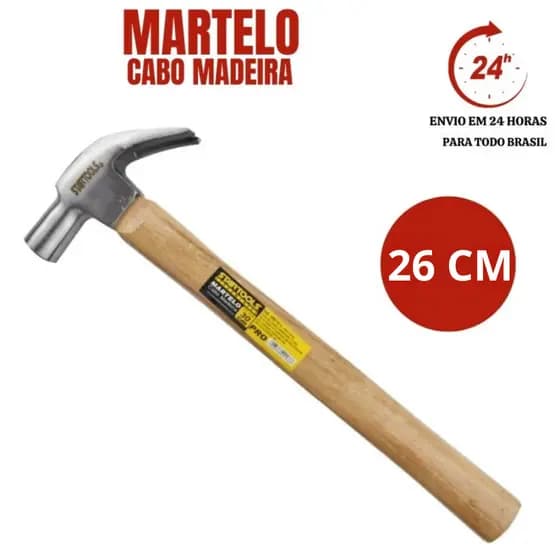 Martelo Unha 26 CM com Cabo de Madeira, resistente e ideal para reparos domésticos!