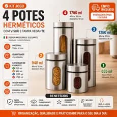 Kit 4 Potes Herméticos Inox Vidro com Visor - Pote Mantimento Vidro Inox Arroz Feijao Açúcar Café