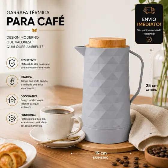 Garrafa Térmica Café Verona Preta ou Cinza  1L Garrafa Termica Café Plastica Tampa Plástica Bambu