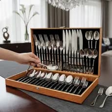 Kit de Talheres Faqueiro 42 Peças Aço Inox Luxo Gratis Caixa Maleta Madeira Presente Casamento