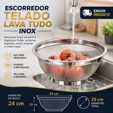 Escorredor Multiuso Inox 25cm Lava Arroz Telado Aço Inox Lava Tudo Frutas Verduras Escorredor Telado