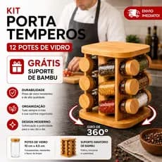 Porta Condimentos Tempero Giratório Luxo12 Potes Vidro Bambu Condimento Temperos Ervas Resistente