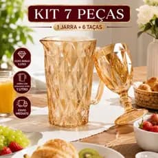 Kit 6 Taças + 1 Jarra Vidro Diamond Âmbar Ideal para Água Suco e Bebidas Kit Com 7 Peças Vidro Luxo