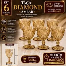 Conjunto Kit 6 Taças Vidro Diamond Âmbar 340ml - Taça Grande Vidro Dourada Vinho Água Vidro Grosso