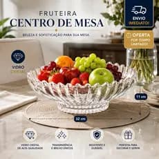 Fruteira Centro de Mesa Vidro Lapidado Cristal Redondo Geneva Grande 32cm Transparente Luxo Wol