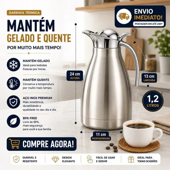 Garrafa Térmica Café Chrome Lux Aço Inox 1,2L - Servir Quente Frio Temperatura Por Mais Tempo