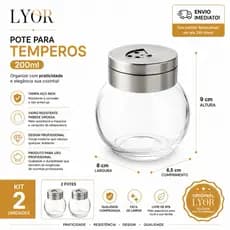 Kit 2 Baleiro Porta Tempero Lyor Organizador Temperos Vidro com Tampa em Metal 200ml