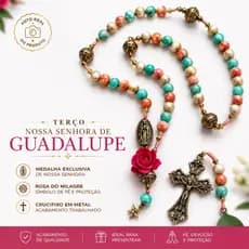 Terço Católico Nossa Senhora Guadalupe Com Flor Rosa Contas Coloridas Medalha Cruz Metal Presente Religioso