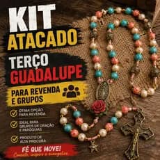 KIT 10/5 ATACADO Terço Católico Nossa Senhora Guadalupe Com Flor Rosa Contas Coloridas Medalha Cruz Metal