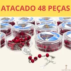 Atacado Kit Terços Perfumados Nossa Senhora Aparecida com Caixinha Acrílica - Madeira Aromatizada Rosas - Corrente Metal