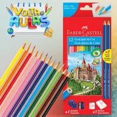 Lápis de Cor 12 Cores Faber-Castell + 2 Lápis 1 Apontador 1 Borracha Resistente Volta As Aulas