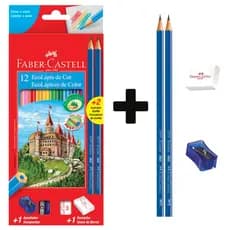 Lápis de Cor Faber-Castell 12 cores + 2 Lápis 1 Borracha e 1 Apontador
