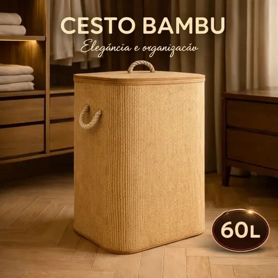 Cesto Bambu Dobrável Lyor 60l Tampa Cesto Roupa Suja Organizador Banheiro Quarto Ecológico Retangular Com Tampa E Forro