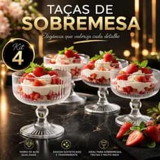 Jogo 4 Taças Sobremesa Sorvete Vidro Canelado 300ml Transparente Elegante Mesa