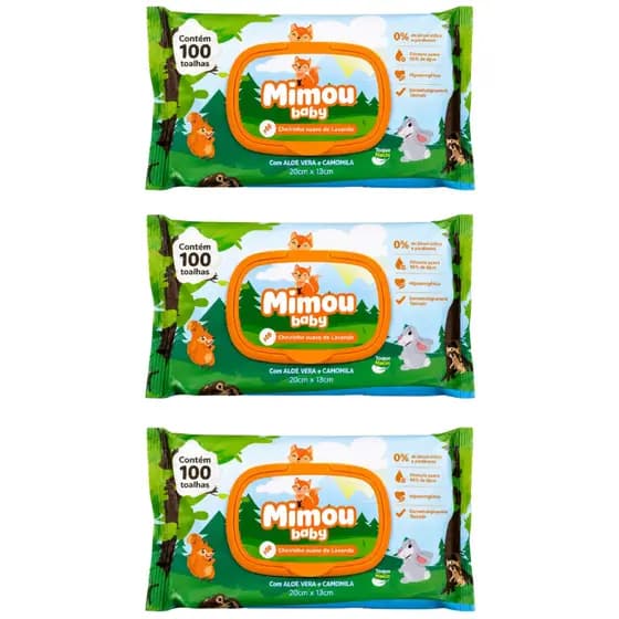 3 Pacotes Lenços Umedecidos Cheirinho de Lavanda Sem Álcool 300 Un Floresta Mimou Baby
