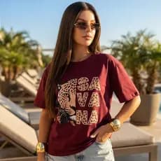 Camiseta Estampada Plus Size, Onça Savana, Tendência Animal Print, Casual, 100% Algodão