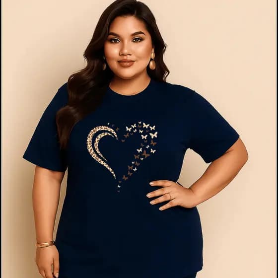 Camiseta Plus Size, Coração Pintado Borboleta, Alta Qualidade, Tecido Confortável, 100% Algodão