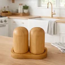 Porta Tempero Conjunto Saleiro e Pimenta com Bandeja Em Bambu Premium Kit 3 peças