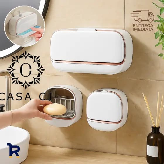 Saboneteira Porta Sabão Duplo com Adesivo para Fixação Parede Banheiro Bandeja Dreno Sabão Seco