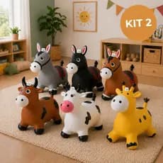 Kit 2 Cavalinhos Upa Upa Infantil Pocotó com Som e Luz  / Pula Pula Inflável Emborrachado Vaquinha Girafa e Burrinho