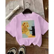 Camiseta Feminina Estampada Obra de Van Gogh Gato Preto Girassóis Camisa Manga Curta