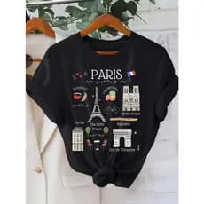 Camisa Básica Feminina T-Shirt Gola Redonda Camiseta Manga Curta Torre Paris Francês Moda Verão Europeu