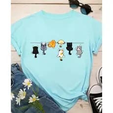 Camisa Feminina Gatinhos Fofos Pendurados T-Shirt Moda Primavera Verão Old Money