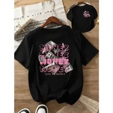 Camisa Feminina Básica Casual Estampada Money Camiseta Manga Curta Gola Redonda Primavera Verão