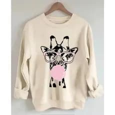 Moletom Gola Redonda Estampa Girafa Agasalho Moda Inverno Blusa de Frio Feminina Old Money